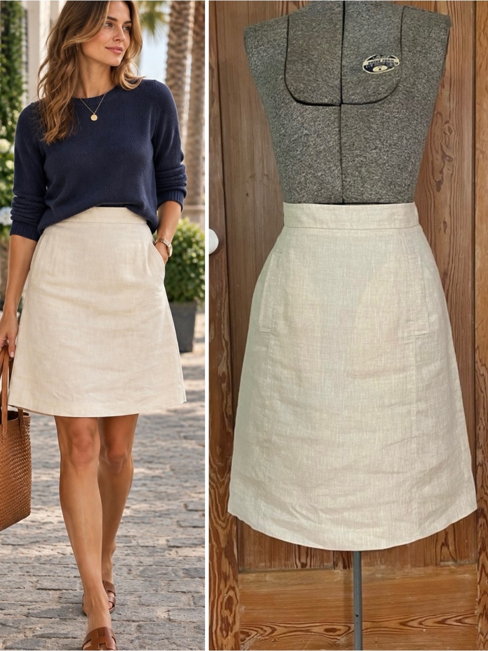 Brooks Brothers 100% Linen A-Line Skirt Cream Natural Pockets Size 8💛